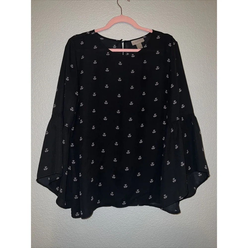 LOFT Blue Blouse Black Floral Print Size Large Long Sleeves